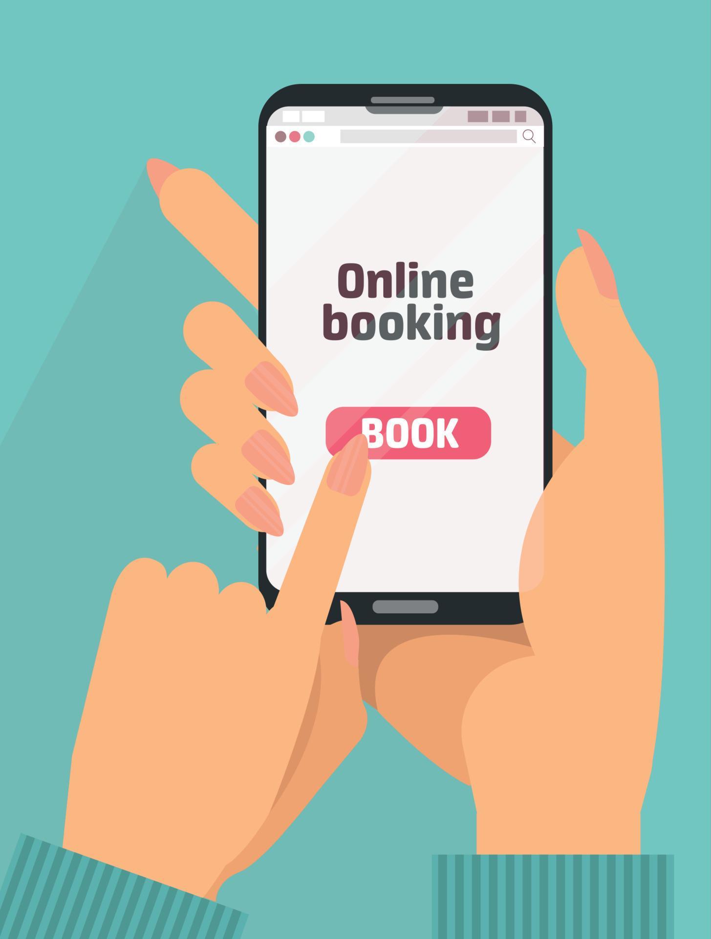 woman s hand holding smartphone with book button on screen concept of online booking mobile application for renting accommodations plan a trip devices technology flat cartoon illustration vector